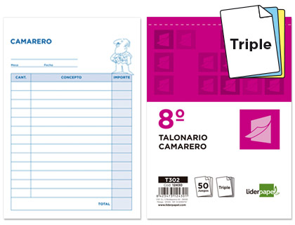 Talonario Liderpapel Camarero 8º 50 juegos triplicado